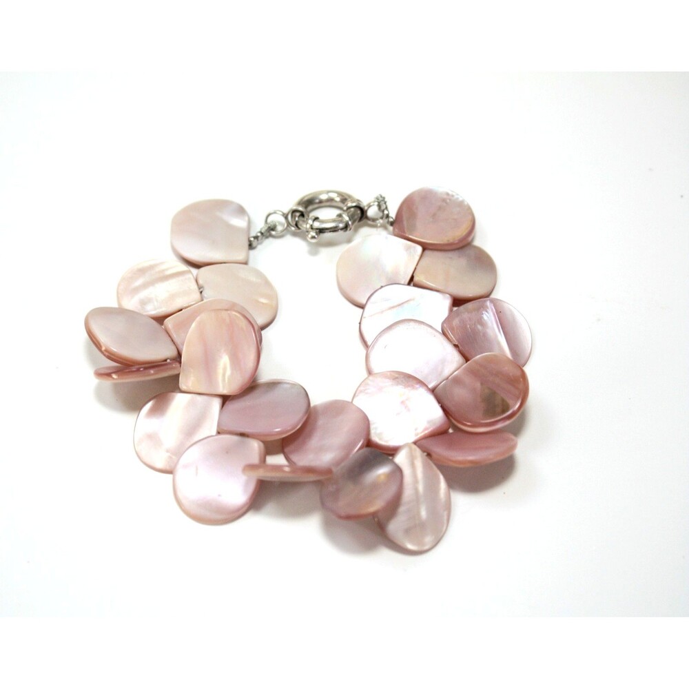Vintage Beaded Bracelet Mother Of Pearl Tear Drop Pink Beads 7 " Bridal Jewelry